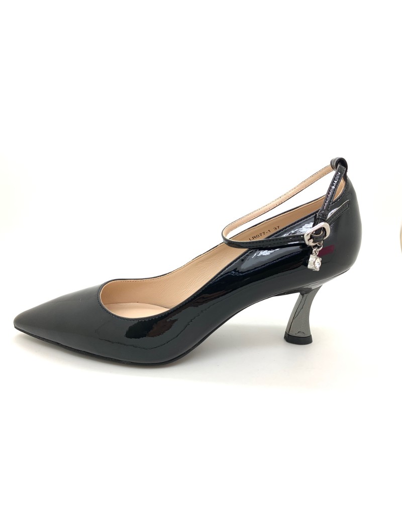 CLASSY Black Patent Leather Ankle Sling Heels