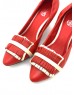 DOLLY Red Lambskin Leather Stripe Fringe Design Heels
