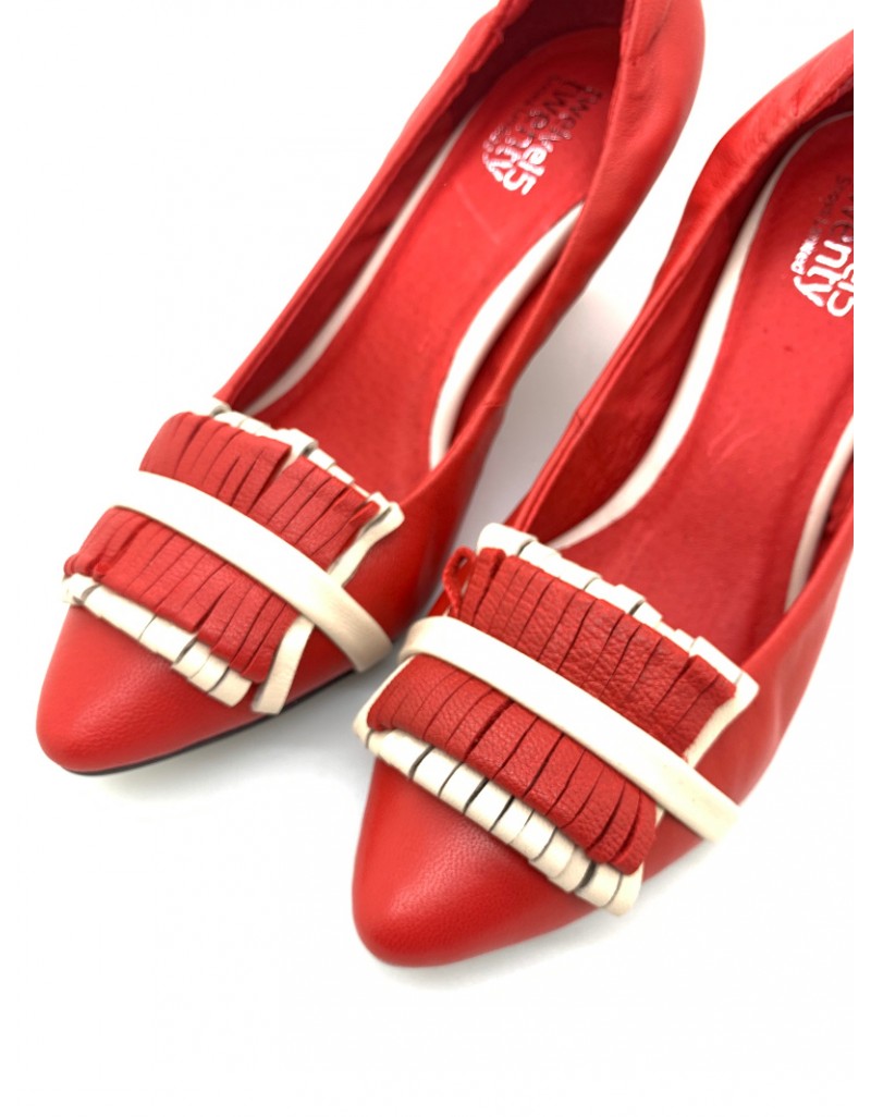 DOLLY Red Lambskin Leather Stripe Fringe Design Heels