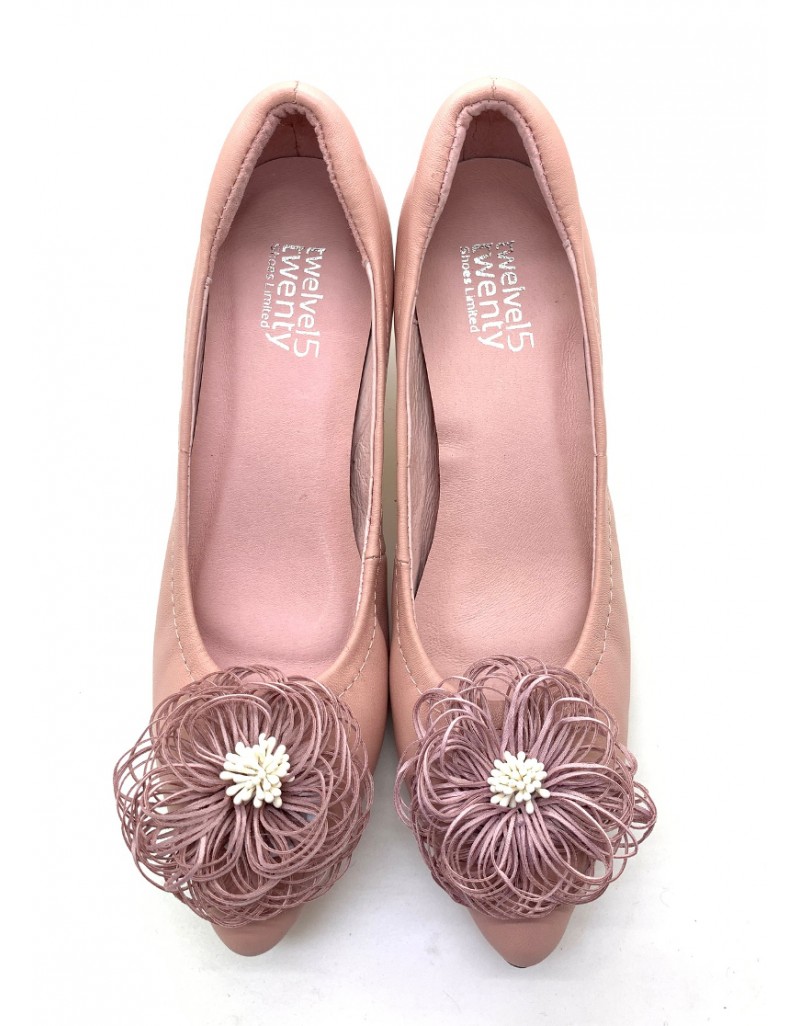 DOLLY Pink Lambskin Leather Straw Flower Design Heels
