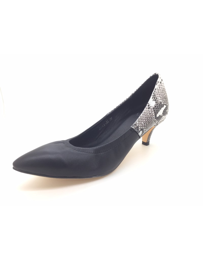 DOLLY Black Lambskin Leather Snakeskin Print Counter Heels