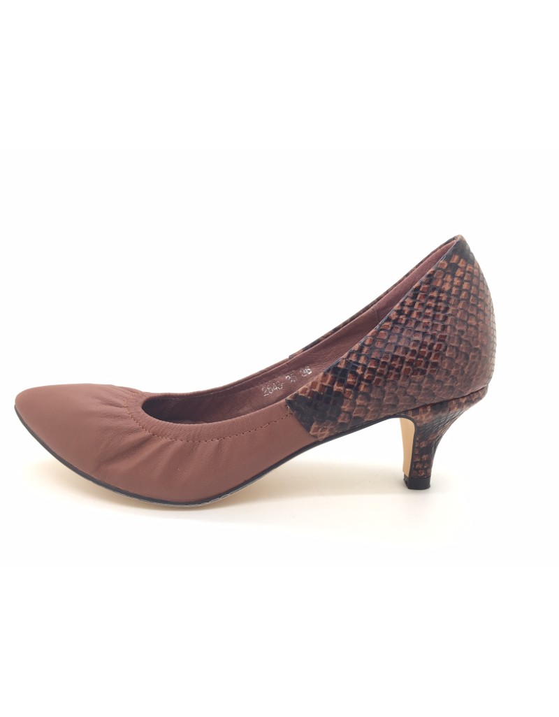 DOLLY Brown Lambskin Leather Snakeskin Print Counter Heels