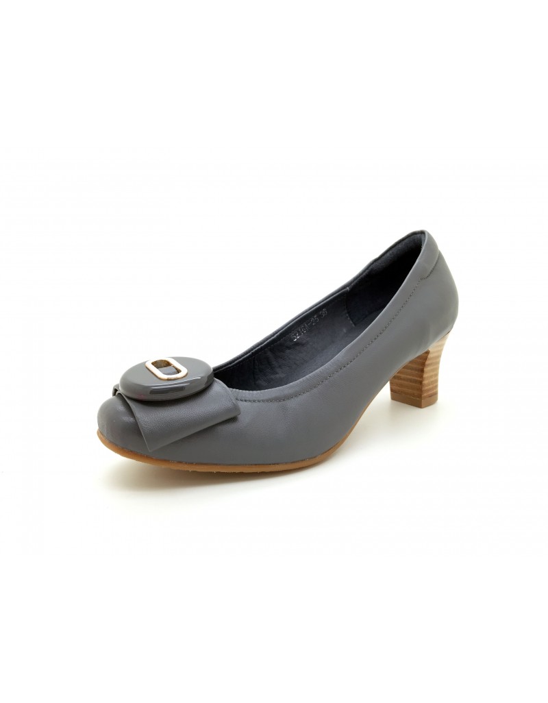Dolly Grey Round Buckle Lambskin Leather Heels