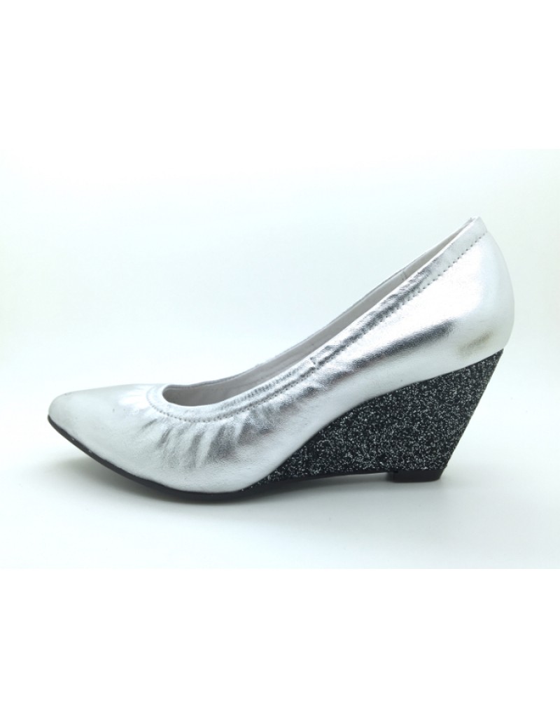 DOLLY Silver Lambskin Leather Glitter Wedges