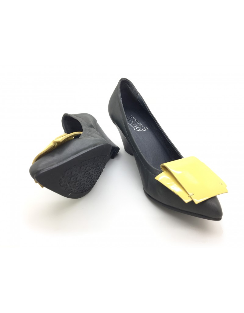 DOLLY Black Lambskin Leather Wedges with Yellow Leather Flap