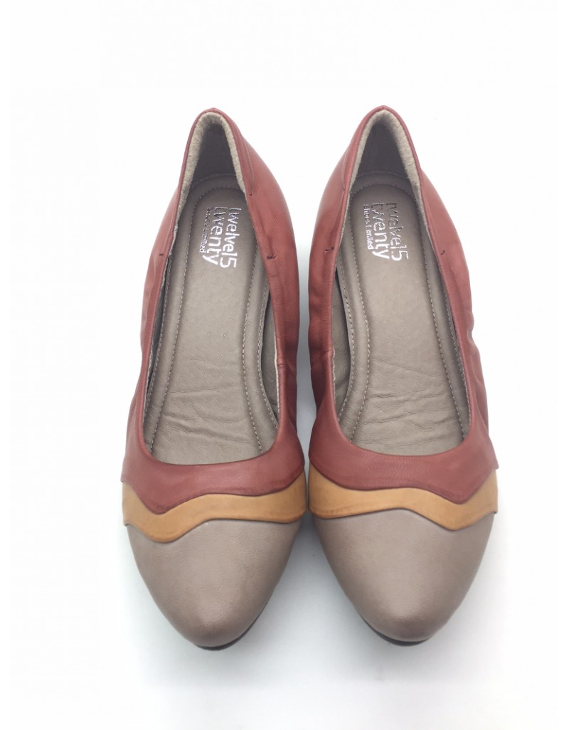 DOLLY Brown Lambskin Leather Tri Colours Design Kitten Heels