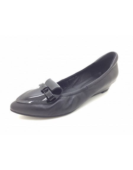 DOLLY Black Lambskin Leather Bow Design Low Wedges