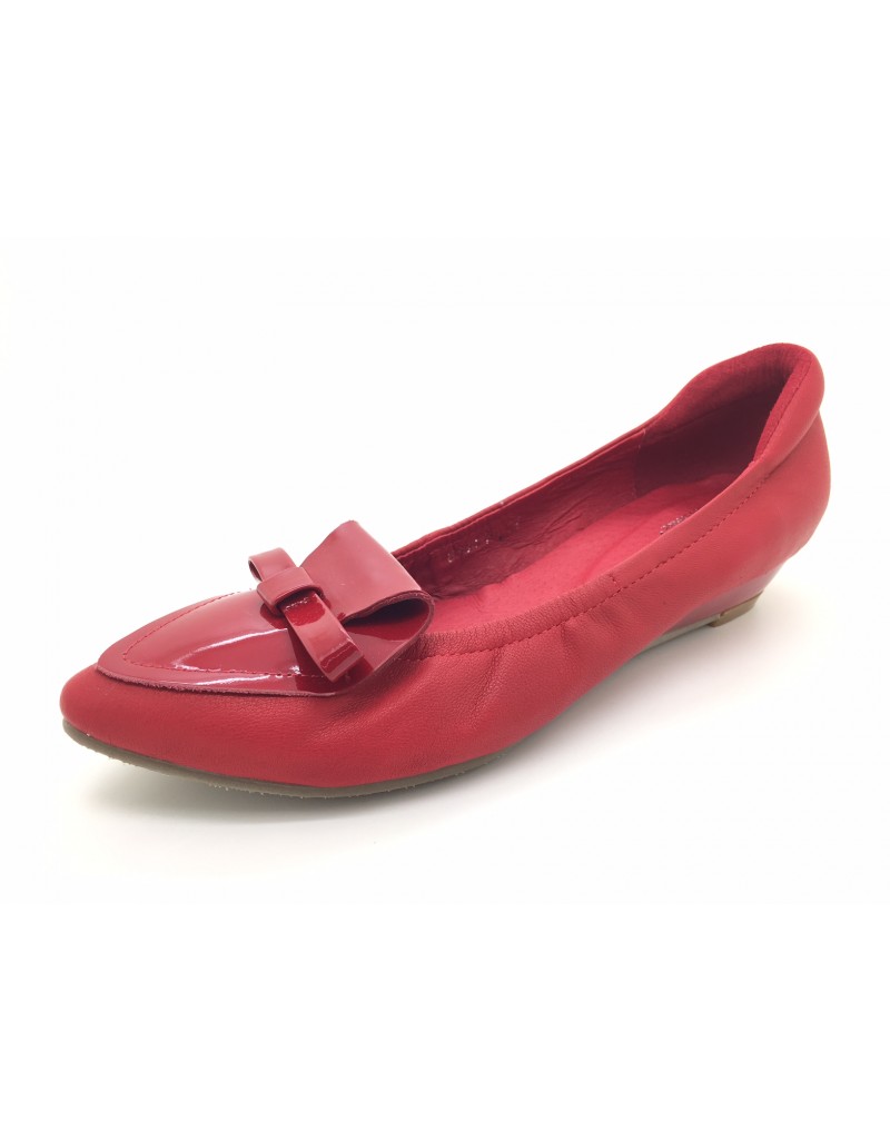 DOLLY Red Lambskin Leather Bow Design Low Wedges