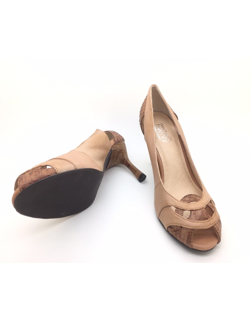 DOLLY Brown Lambskin Leather Snakeskin Trim Design Peep Toe Heels