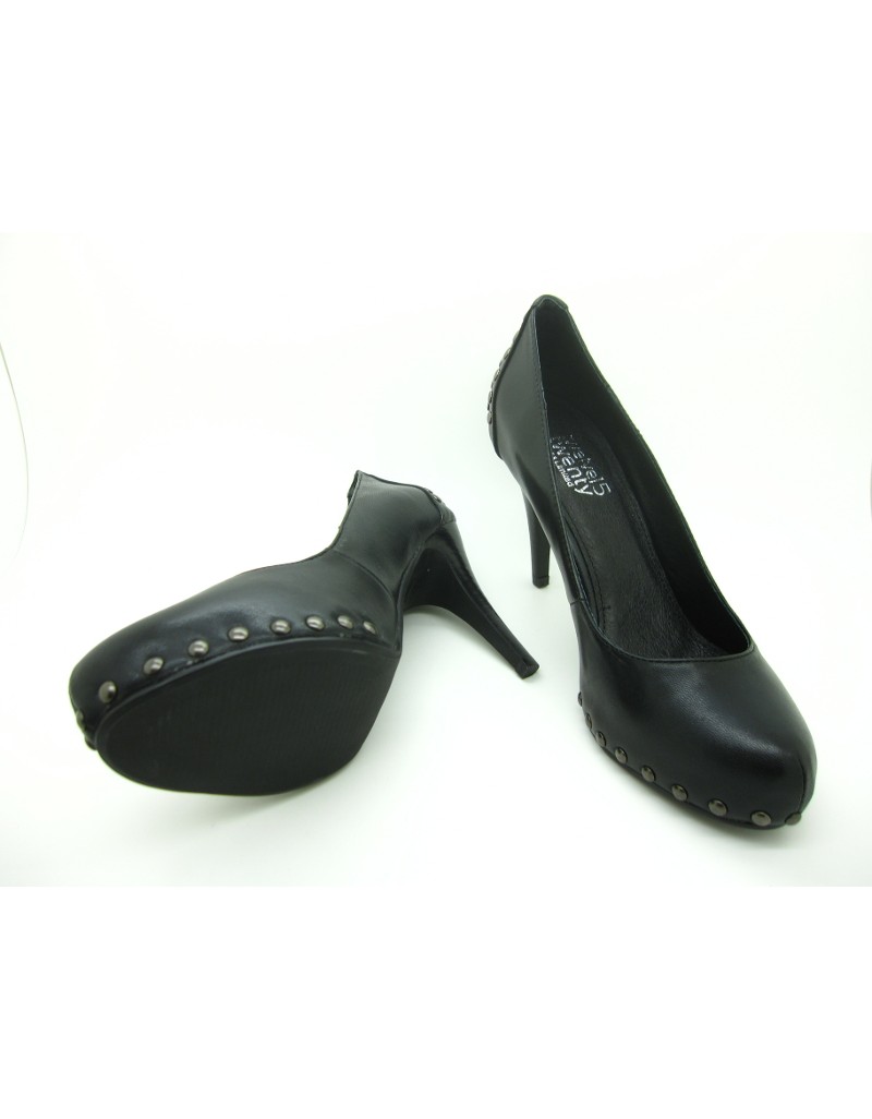 DOLLY Black Lambskin Leather Studs Stiletto Platform Heels