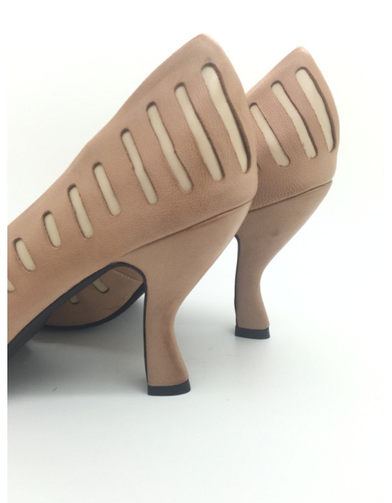 DOLLY Brown Laser Cut Lambskin Leather Unique Heels