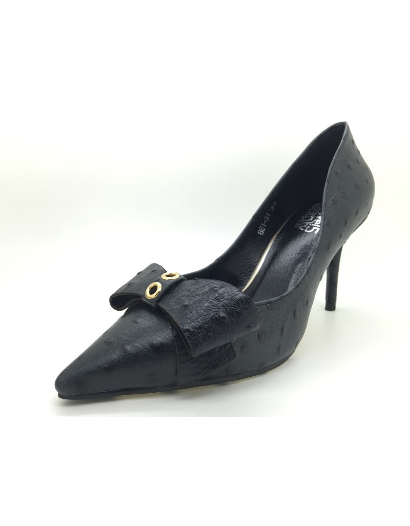 OZZIE Black Ostrich Print Cowhide Leather Stiletto Heels