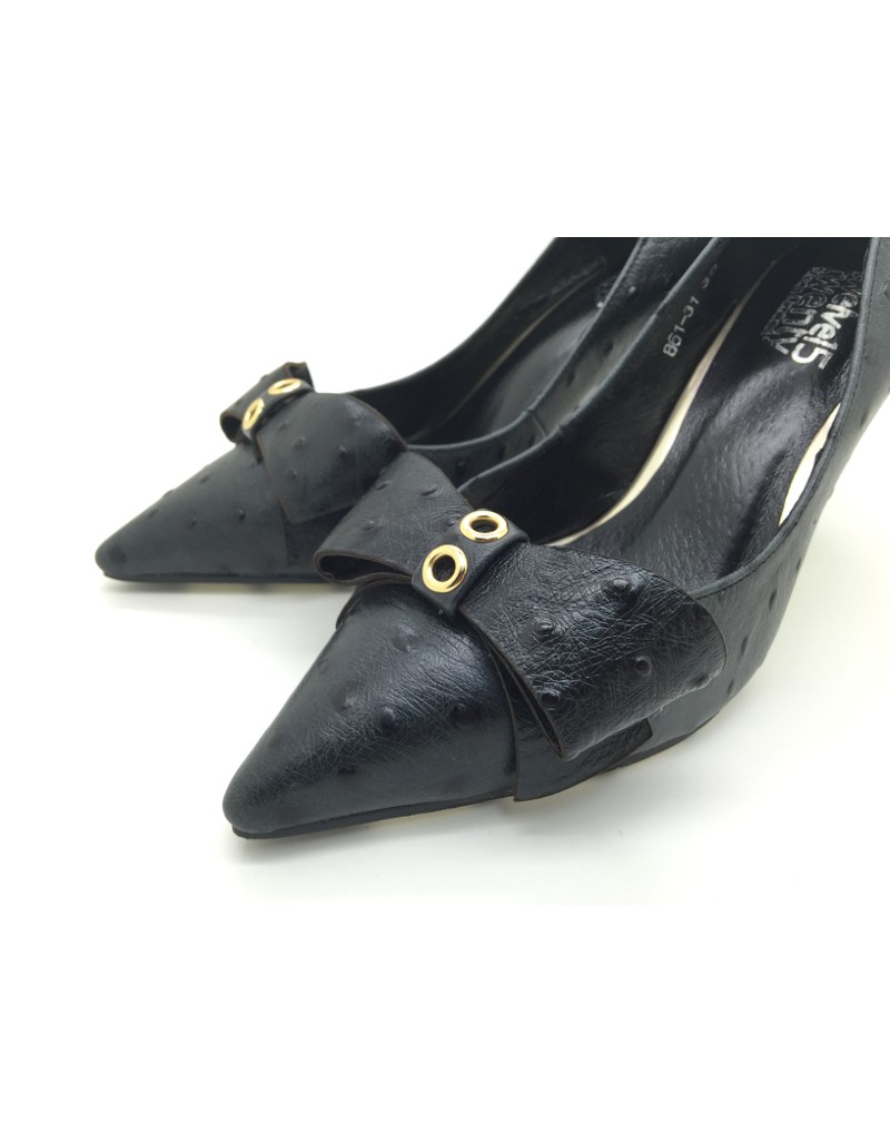 OZZIE Black Ostrich Print Cowhide Leather Stiletto Heels
