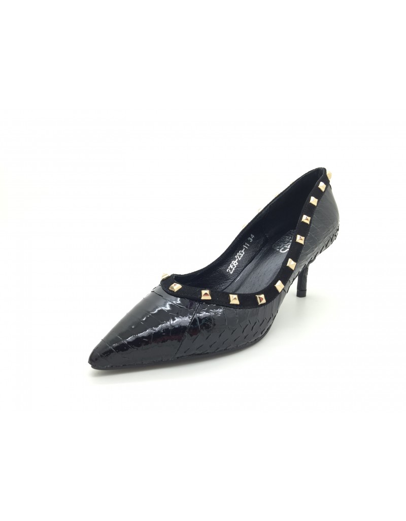twelve15twenty SELLE Black Snakeskin Leather Gold Studs Stiletto Heels  women shoes