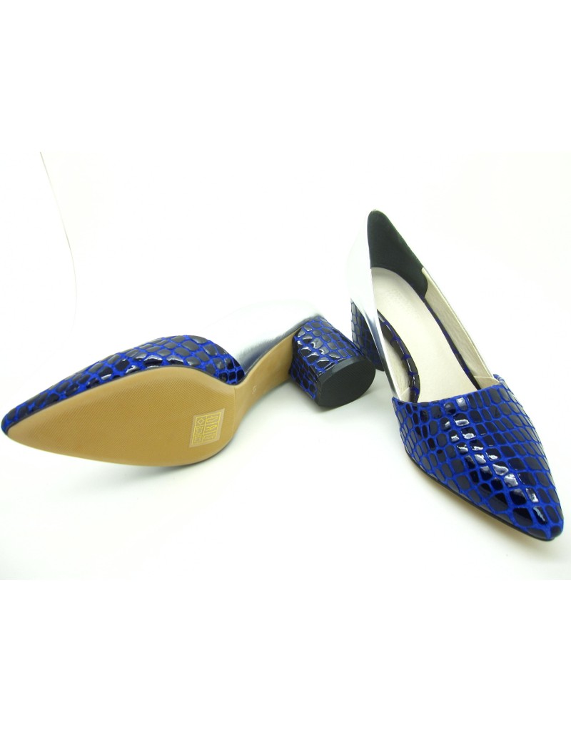 iOREK Premium Collection Blue Stone Print Patent Leather Silver Heels