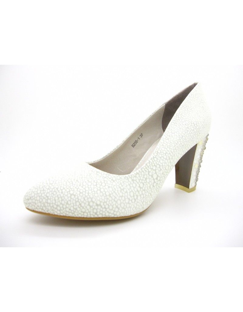 iOREK Premium Collection White Stingray Print Calf Leather Chunky Rhinestones Heels