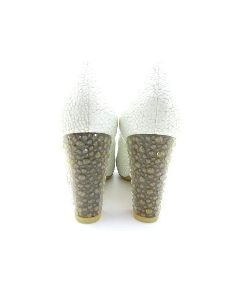 iOREK Premium Collection White Stingray Print Calf Leather Chunky Rhinestones Heels